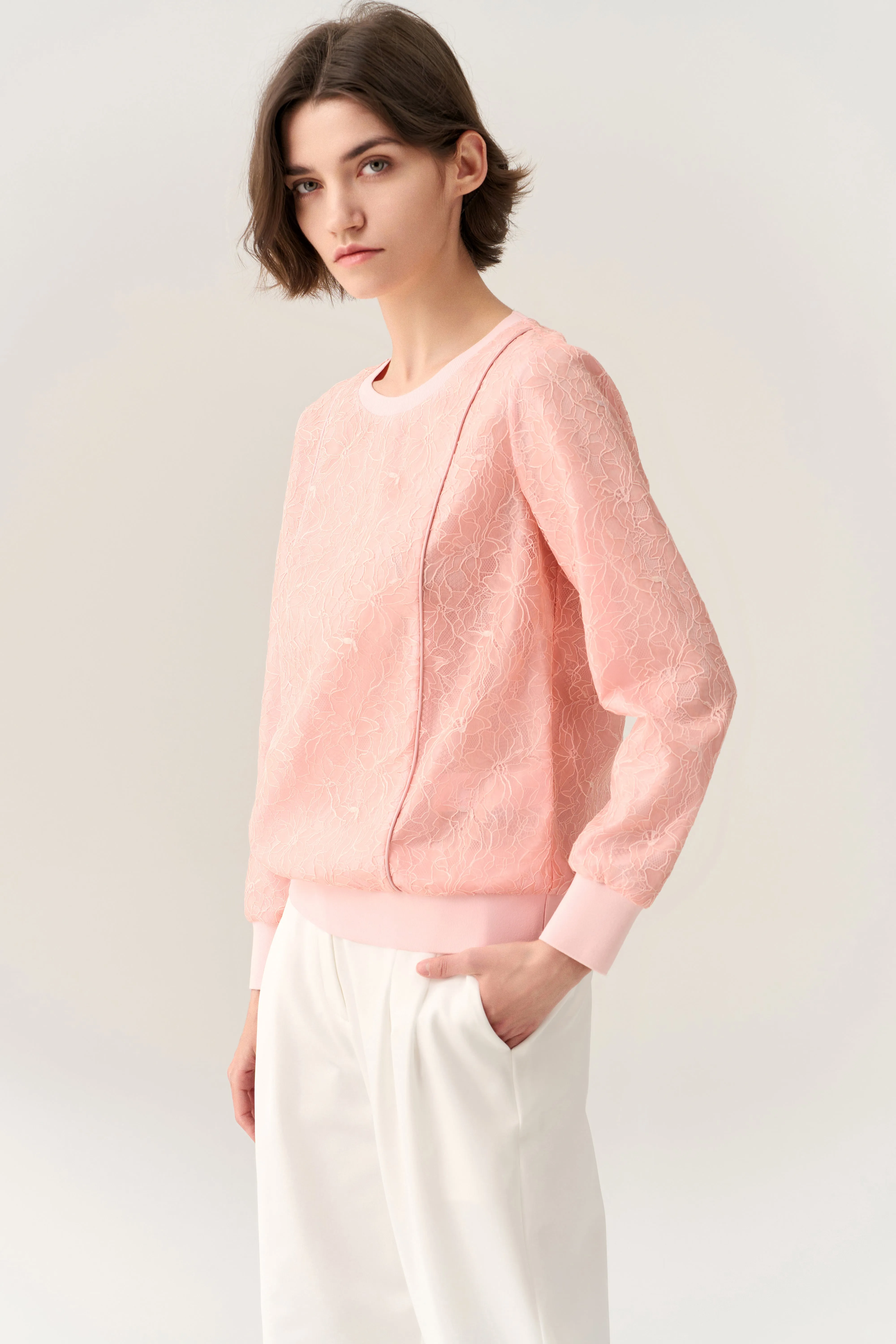 Pressed-crease Ribbed-hem Lace Sweatshirt