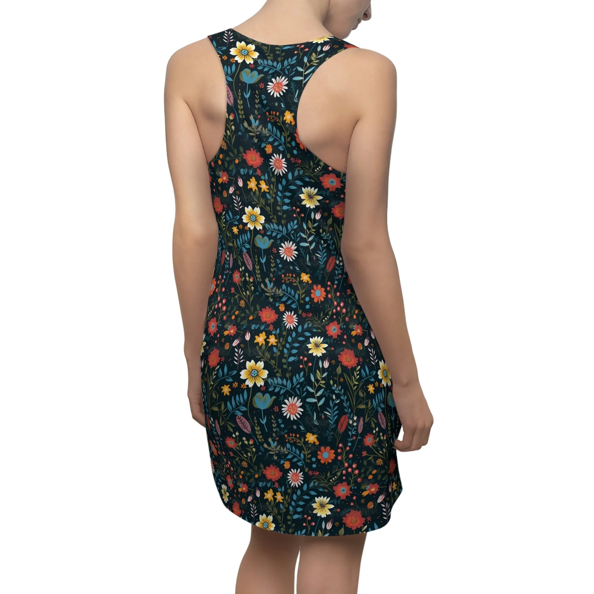 Pressed Wildflowers on Black Background Pattern Floral Women's Racerback Dress