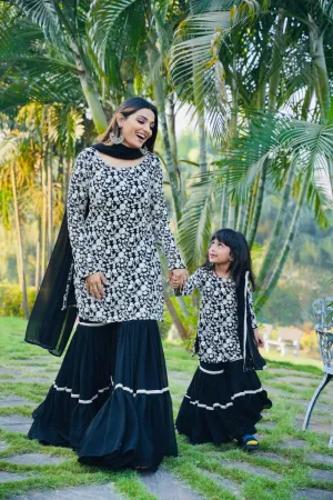 Pretty Black Color Embroidery Sequin Mother-daughter Sharara Suit