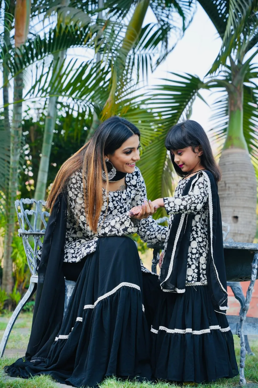 Pretty Black Color Embroidery Sequin Mother-daughter Sharara Suit