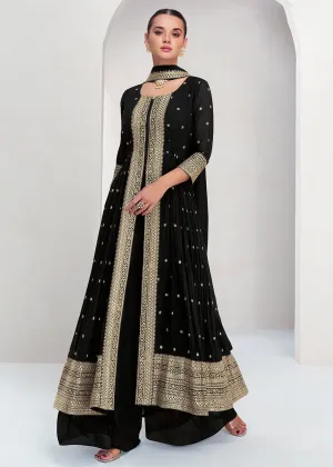 Pretty Black Georgette Embroidered Slit Style Palazzo Suit