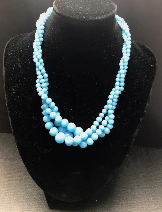 Pretty Vintage Turquoise Blue Milk Glass Necklace