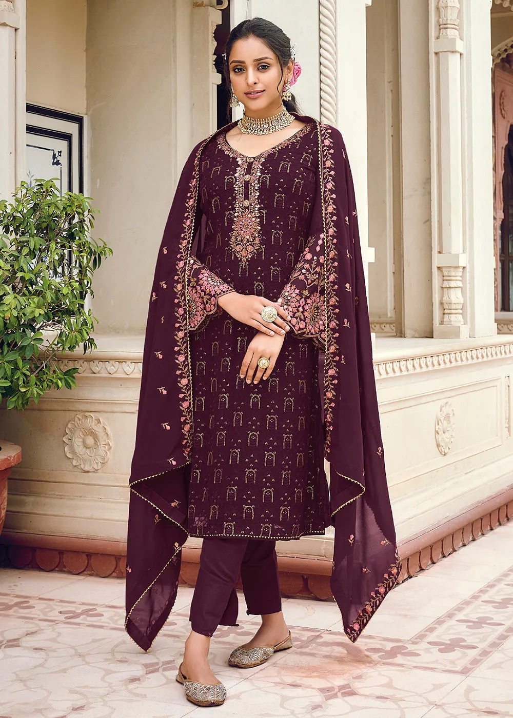 Pretty Wine Embroidered Georgette Ceremonial Salwar Kameez