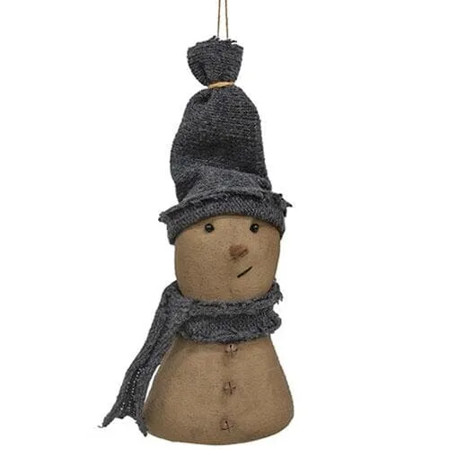 Primitive Snowman Ornament with Blue Hat and Scarf