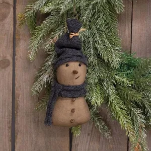 Primitive Snowman Ornament with Blue Hat and Scarf