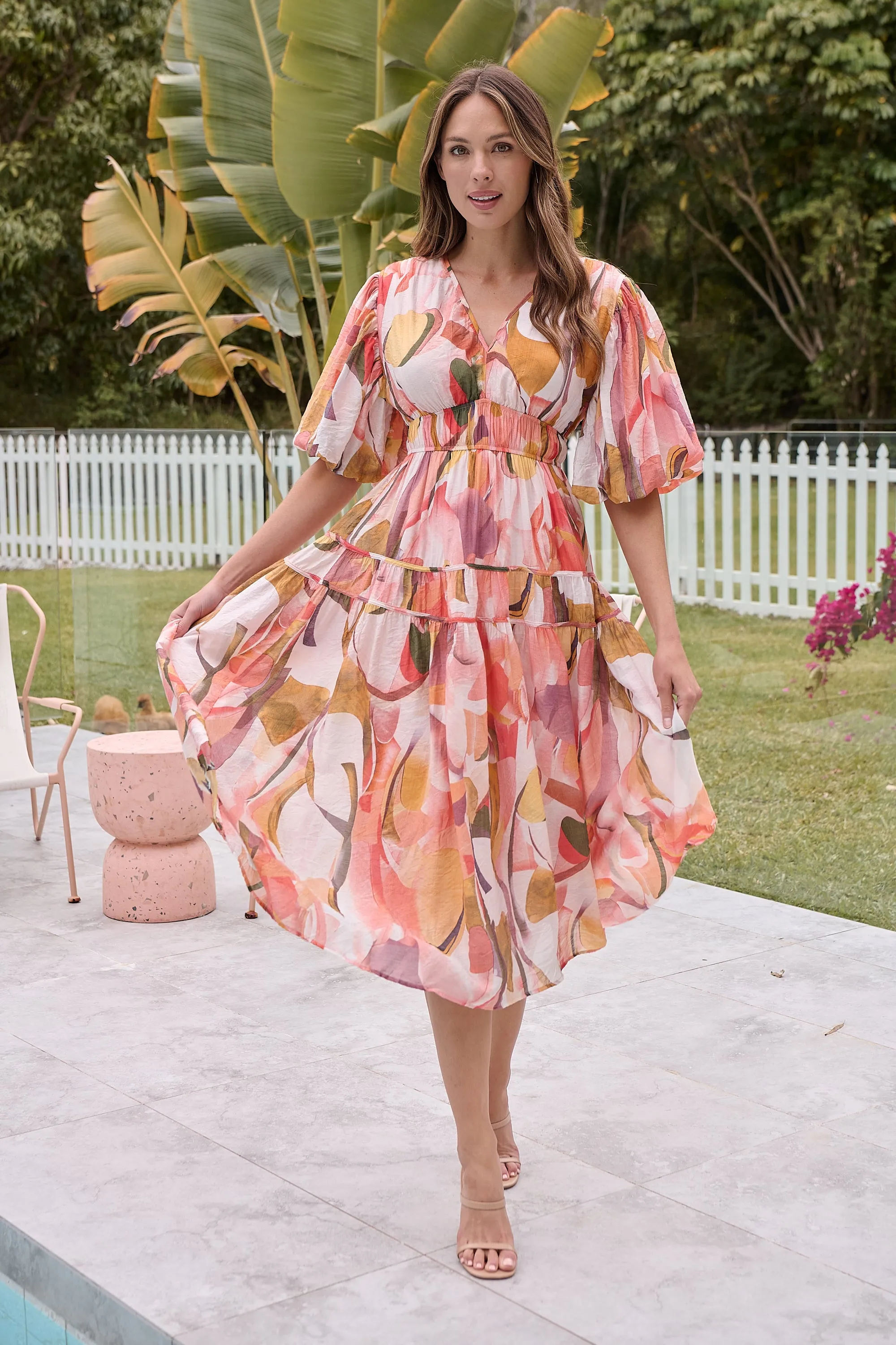 Prince Peach Multi Print Puff Sleeve Dress