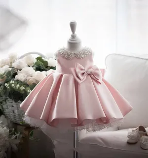 Princess Baby Girl Dress with Simulated Pearl Adorned Neckline and Bow