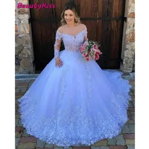 Princess Ball Gown Lace Appliques Long Sleeves Wedding Gowns Plus Size Robe Wedding Dress