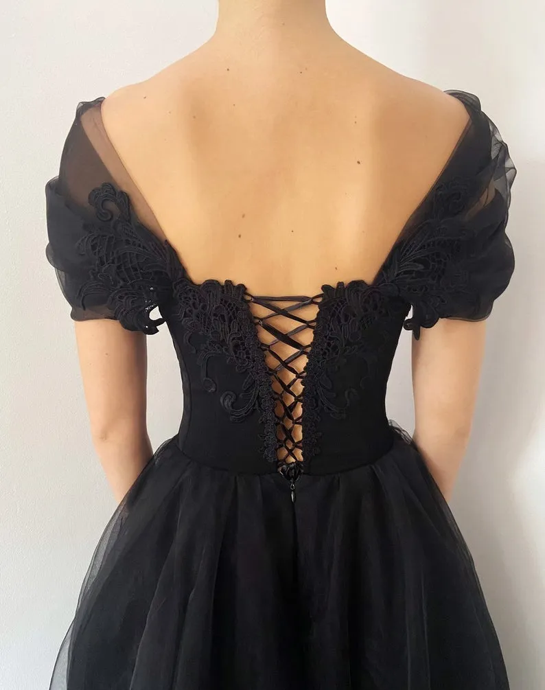 Princess Black Gothic Corset Tulle Prom Dress,Elegant Black Formal Gown