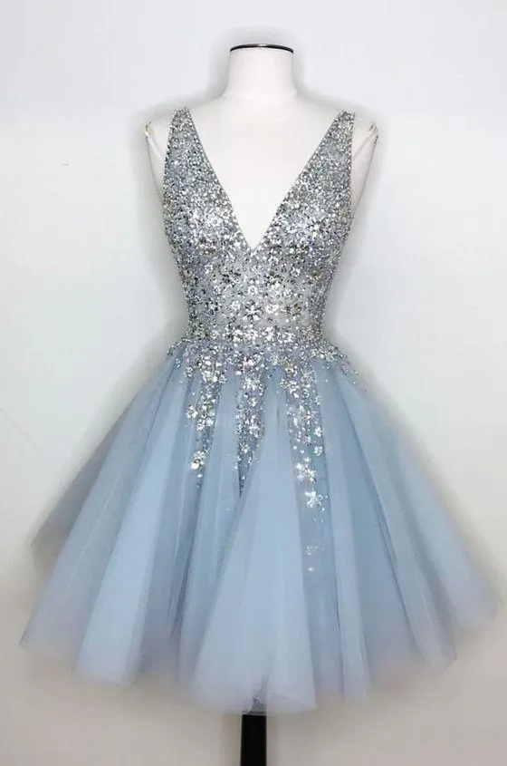 Princess Silver Sequins And Light Sky Blue Short Homecoming Dress