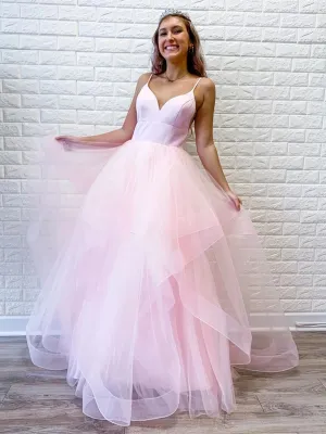 Princess V Neck Long Pink/Light Blue Prom Dresses, Puffy Pink/Light Blue Formal Evening Dresses, Light Blue Party Dresses, Pink Ball