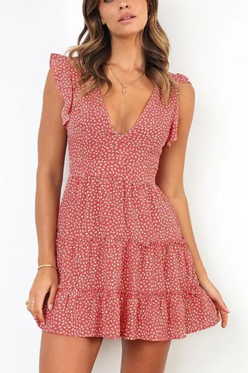 Print Deep V Neck Mini Dress