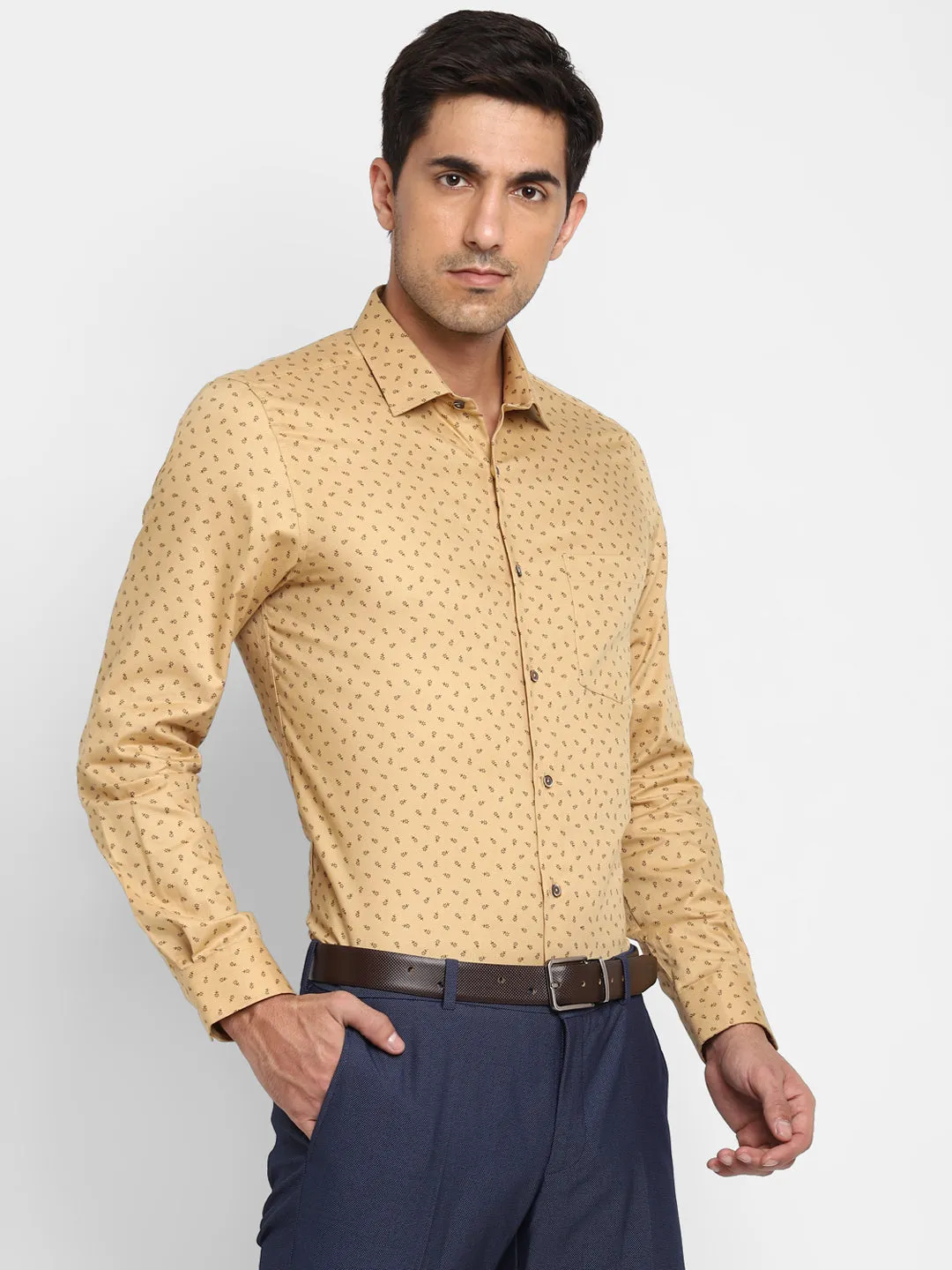 Printed Beige Slim Fit Formal Shirt