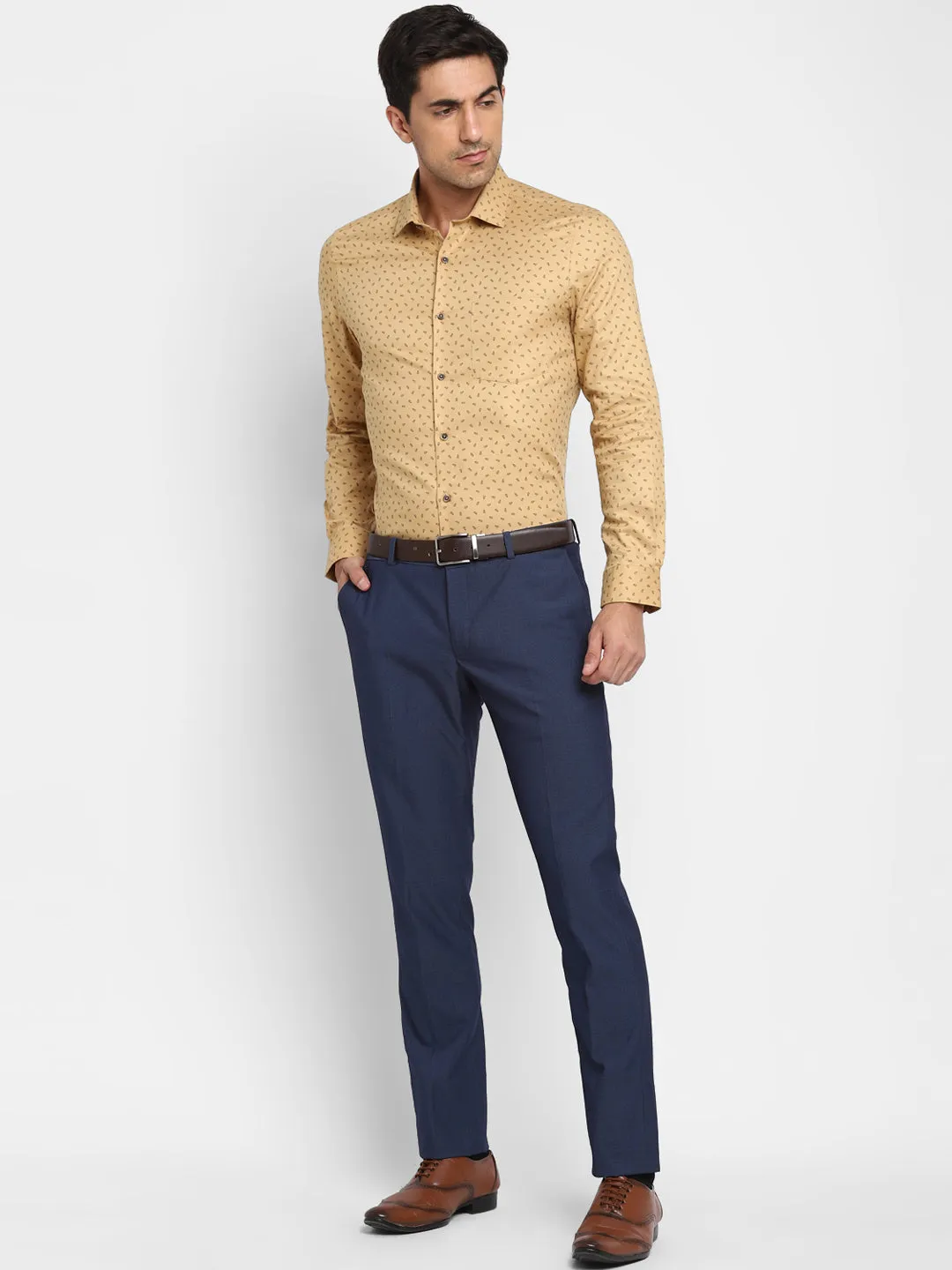 Printed Beige Slim Fit Formal Shirt