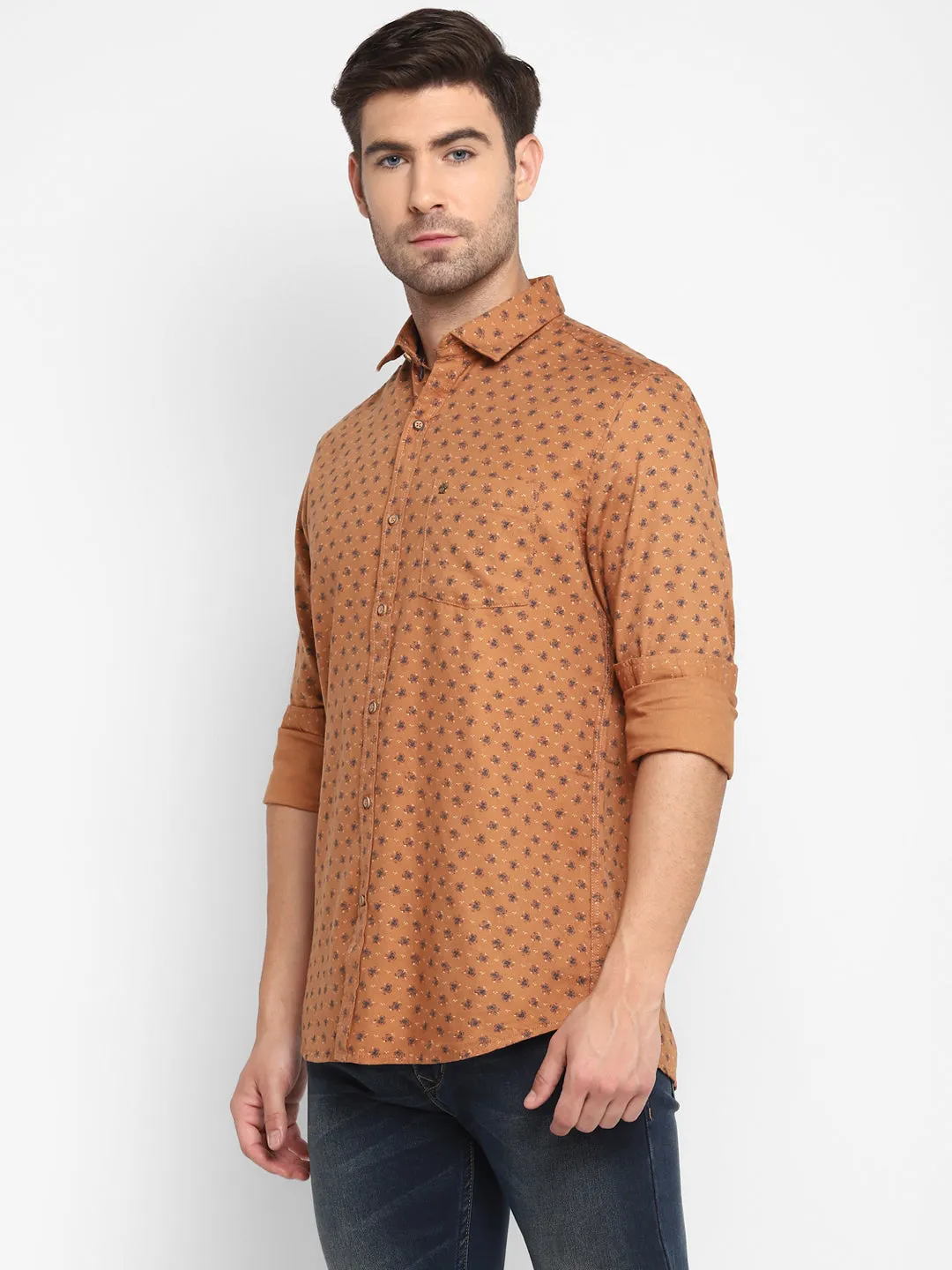 Printed Brown Slim Fit Casual Shirt