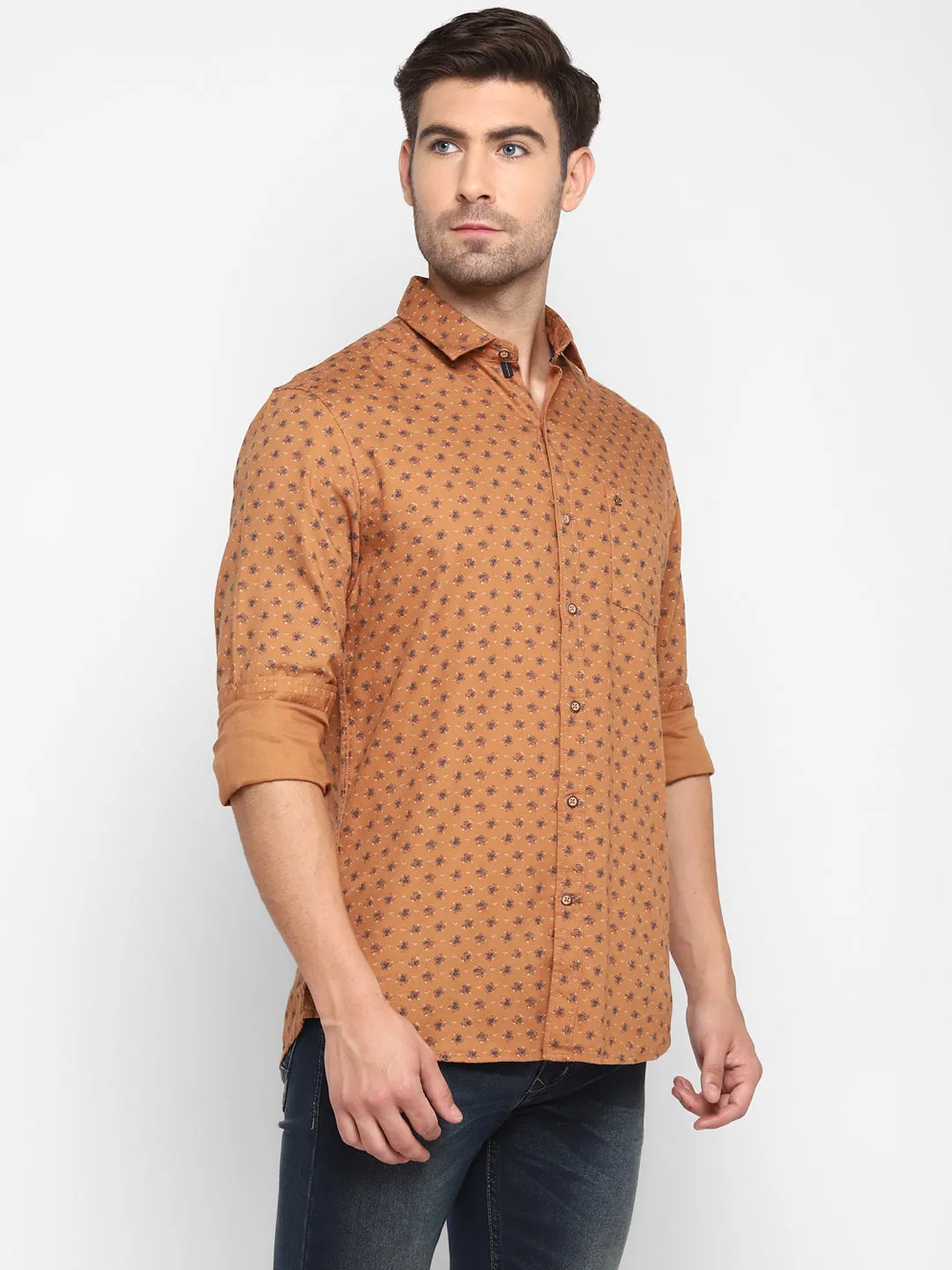 Printed Brown Slim Fit Casual Shirt