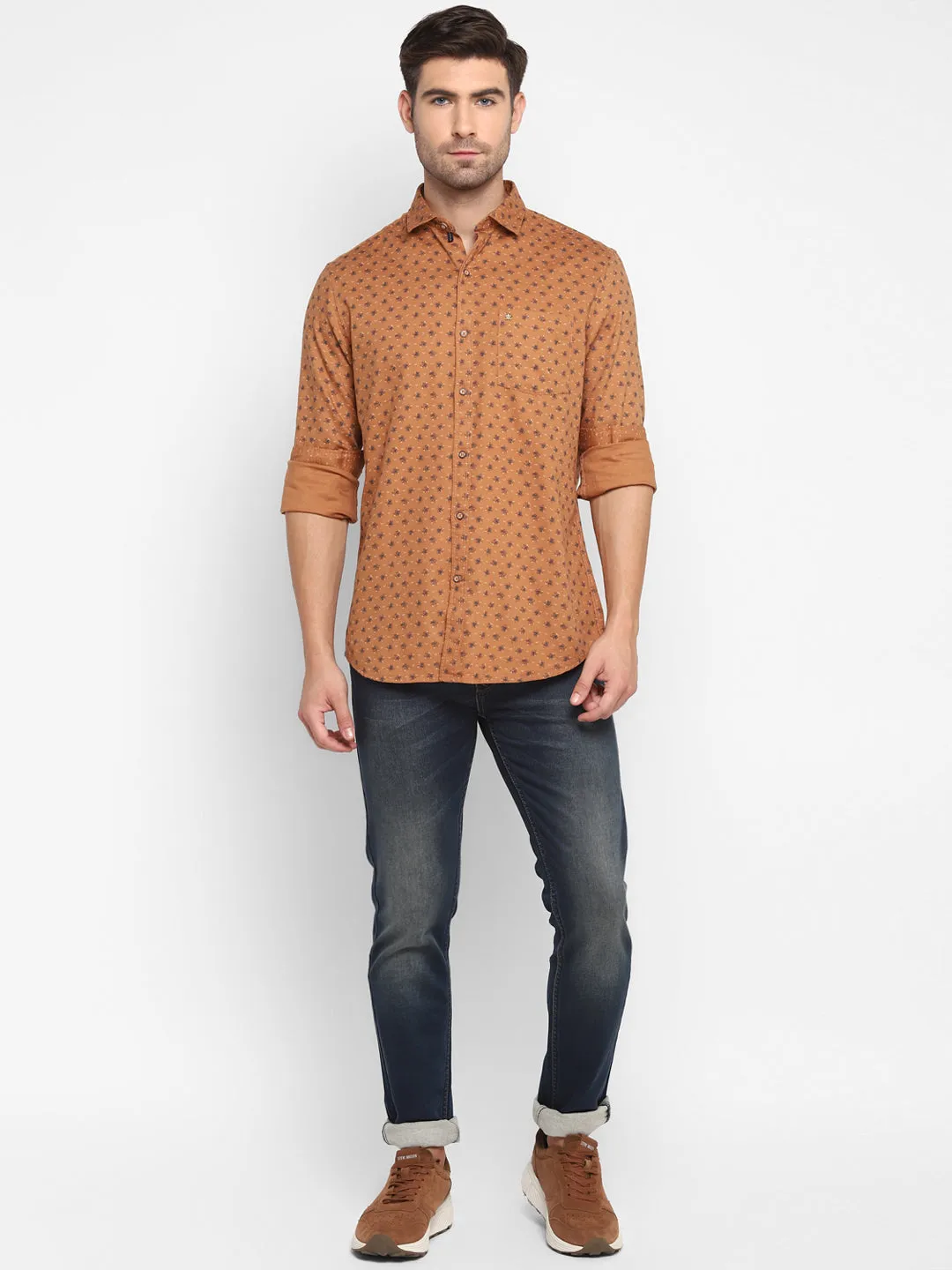 Printed Brown Slim Fit Casual Shirt