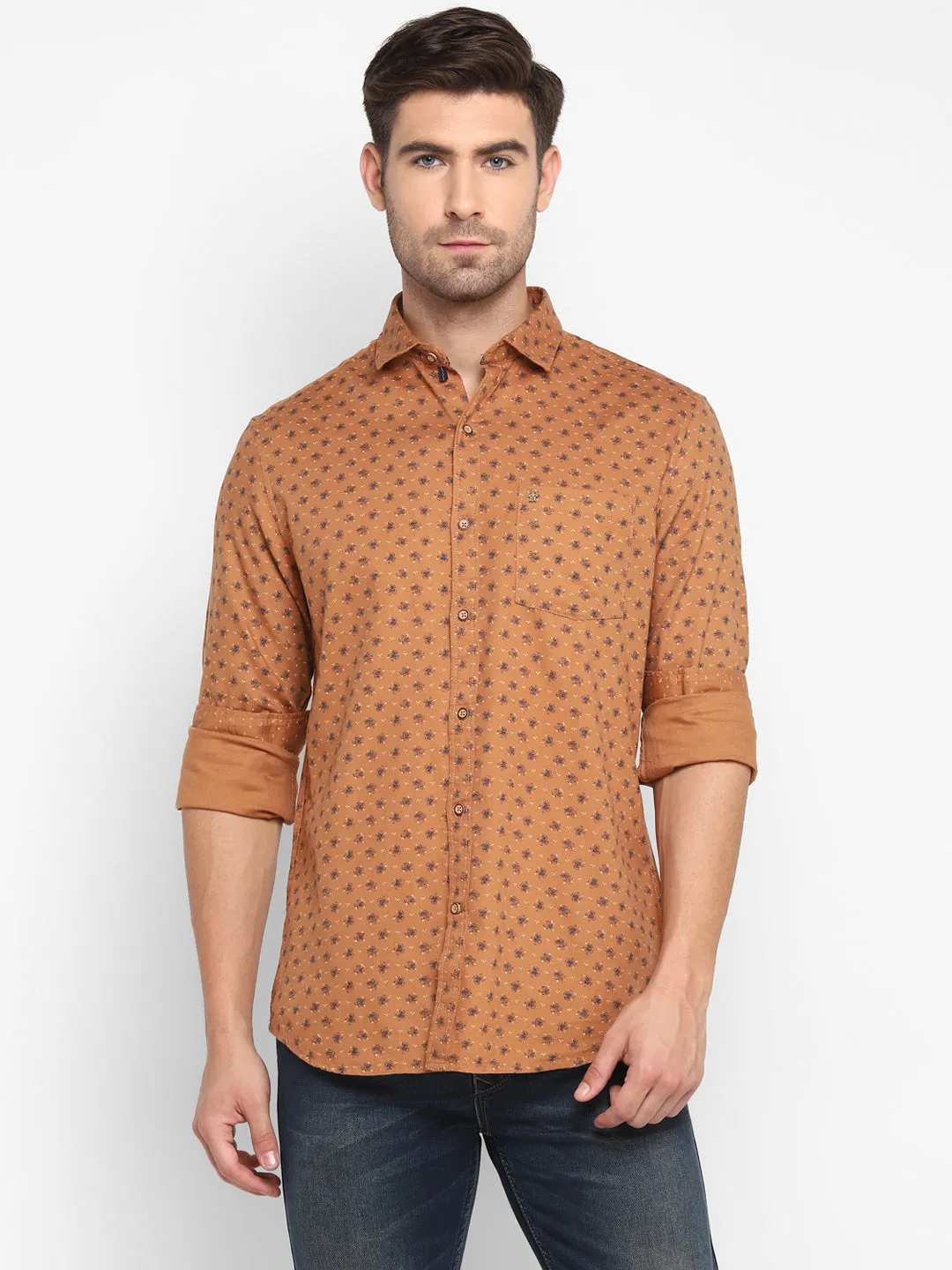 Printed Brown Slim Fit Casual Shirt