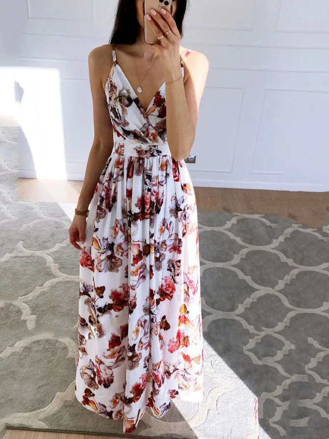 Printed Deep V-Neck Slit Sling Dress