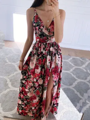 Printed Deep V-Neck Slit Sling Dress