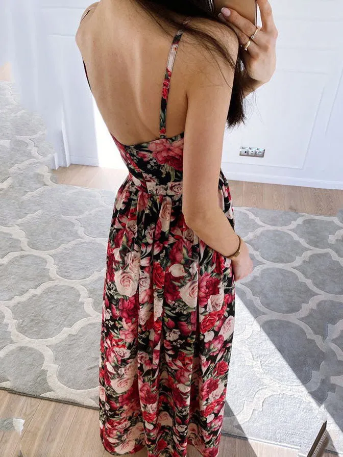 Printed Deep V-Neck Slit Sling Dress