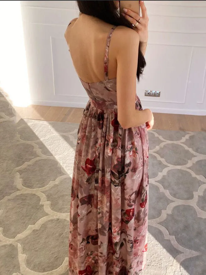 Printed Deep V-Neck Slit Sling Dress