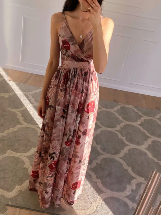 Printed Deep V-Neck Slit Sling Dress