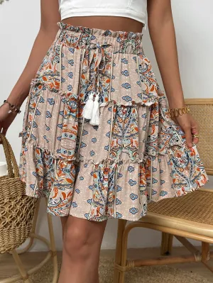 Printed Drawstring Waist Frill Trim Skirt