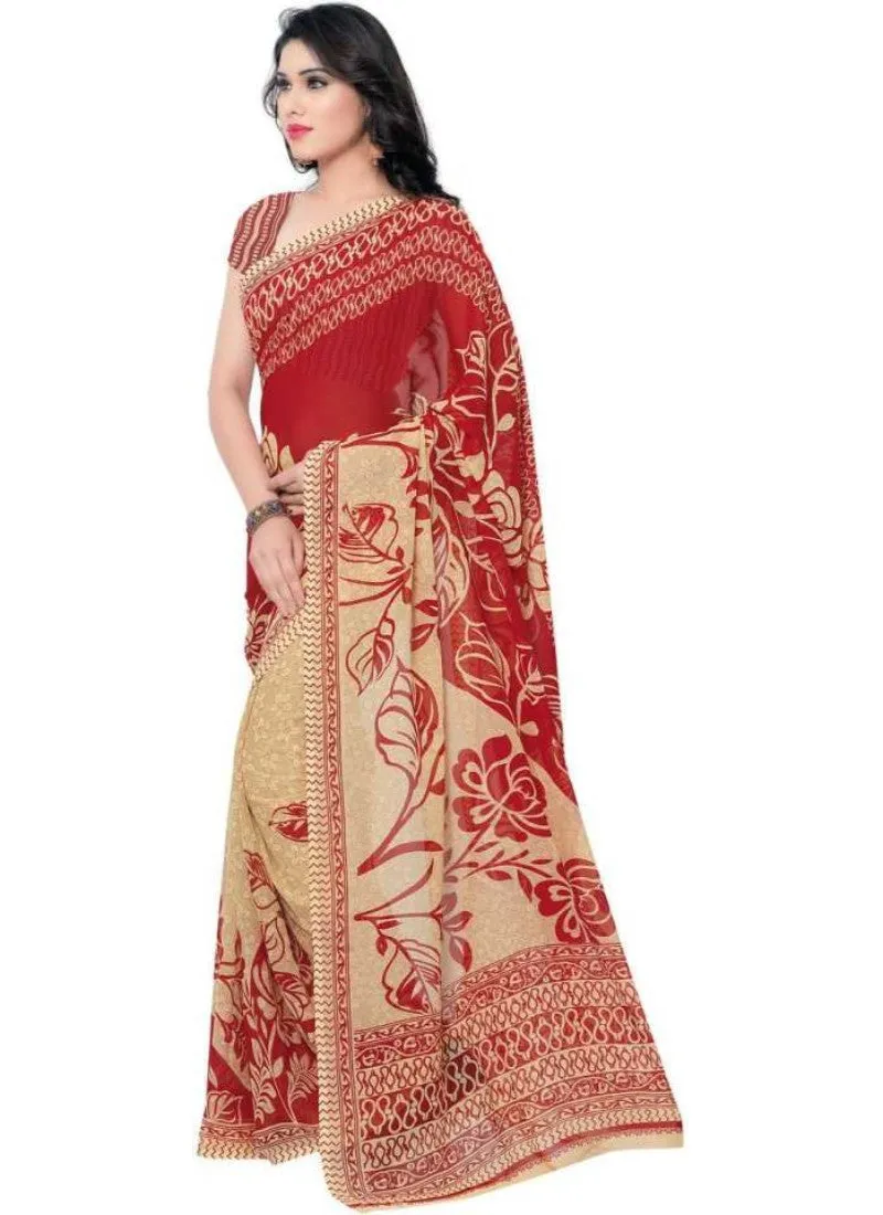 Printed Faux Georgette Red Color Saree