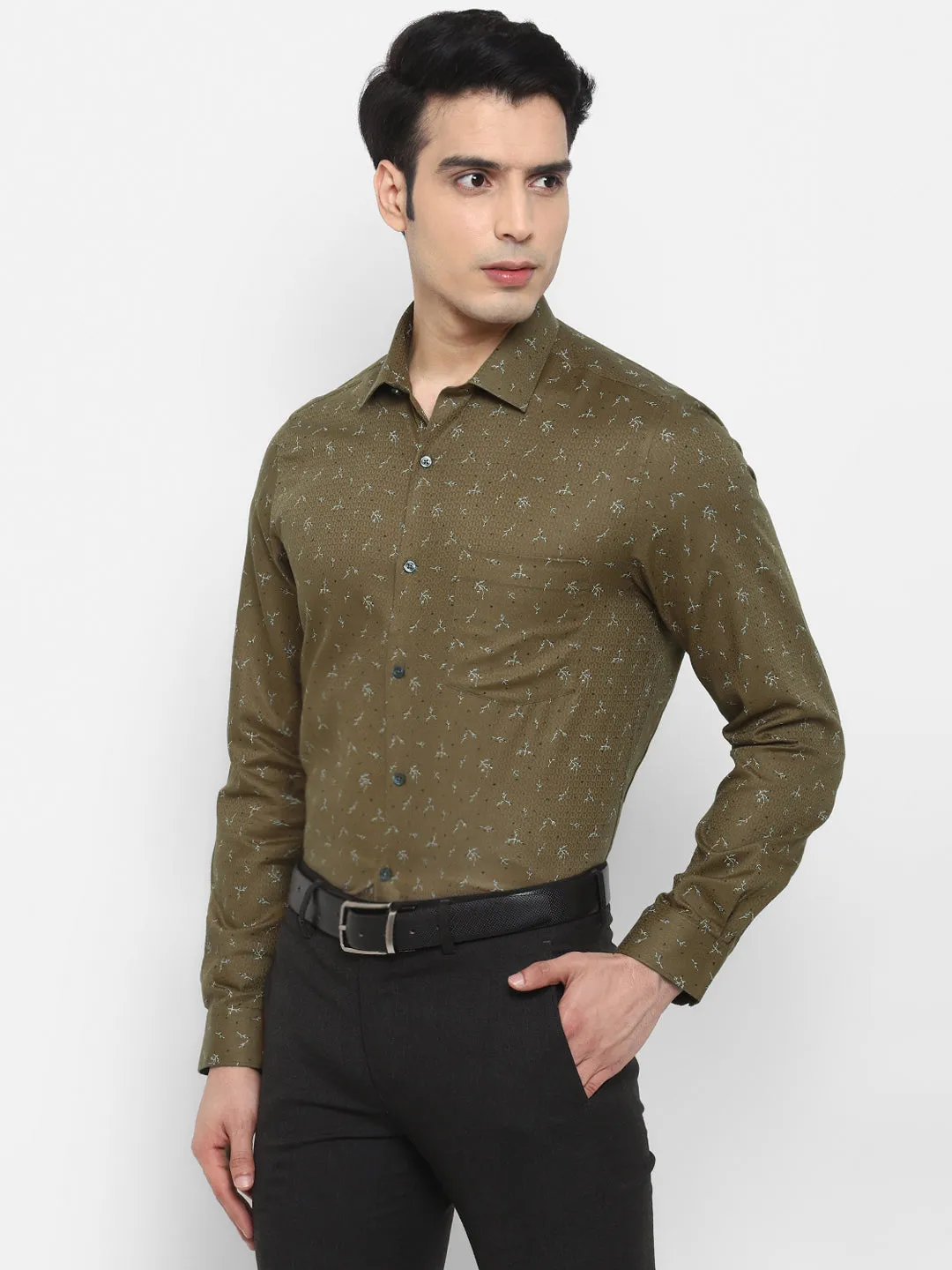 Printed Khaki Slim Fit Formal Shirt