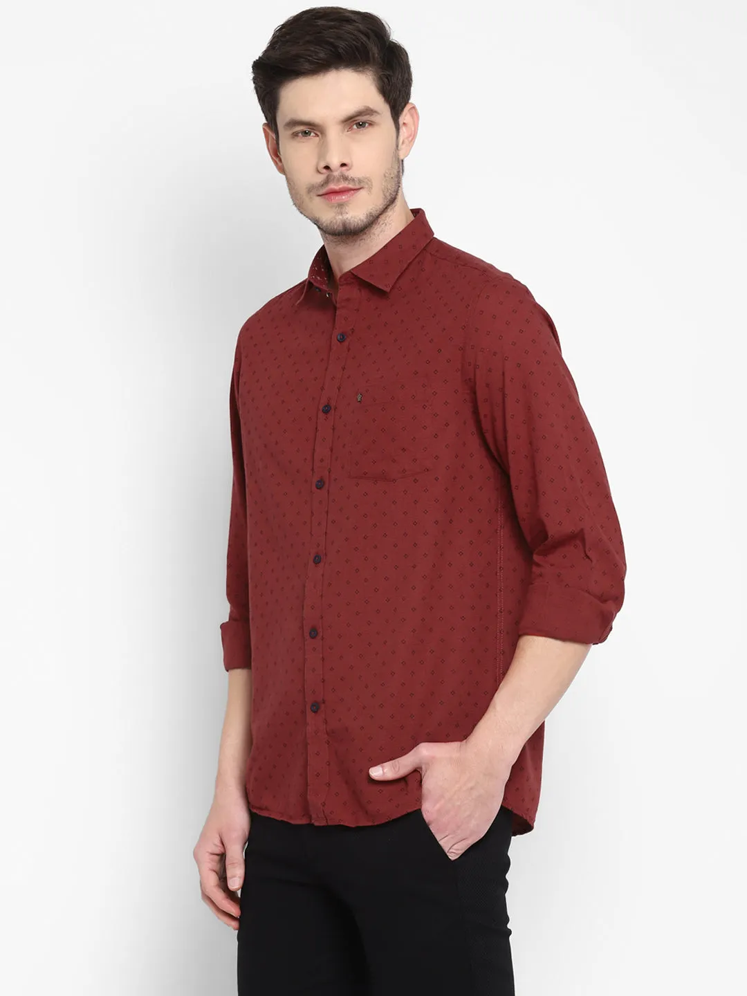 Printed Maroon Slim Fit Causal Shirt