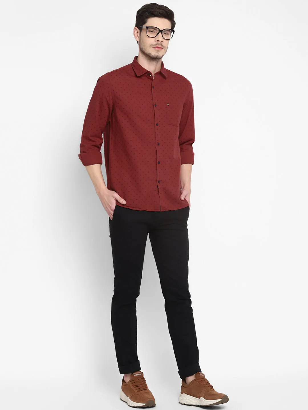 Printed Maroon Slim Fit Causal Shirt