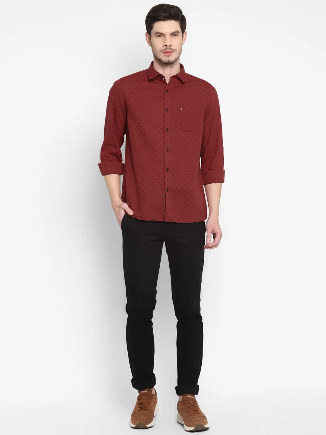 Printed Maroon Slim Fit Causal Shirt