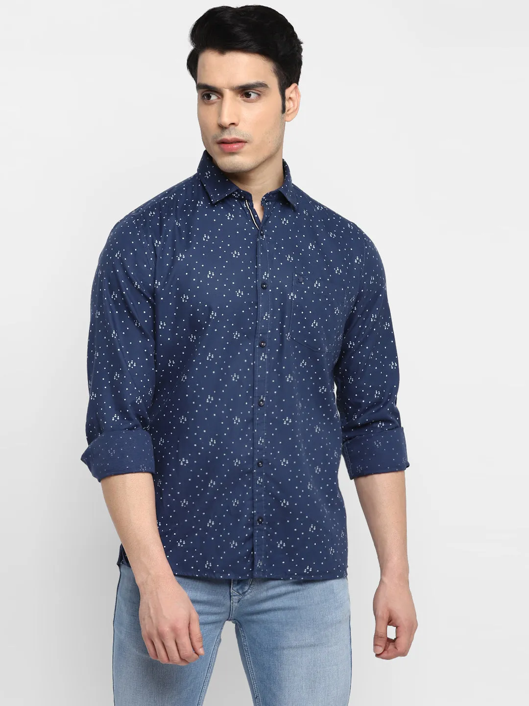 Printed Navy Blue Slim Fit Casual Shirt For Men