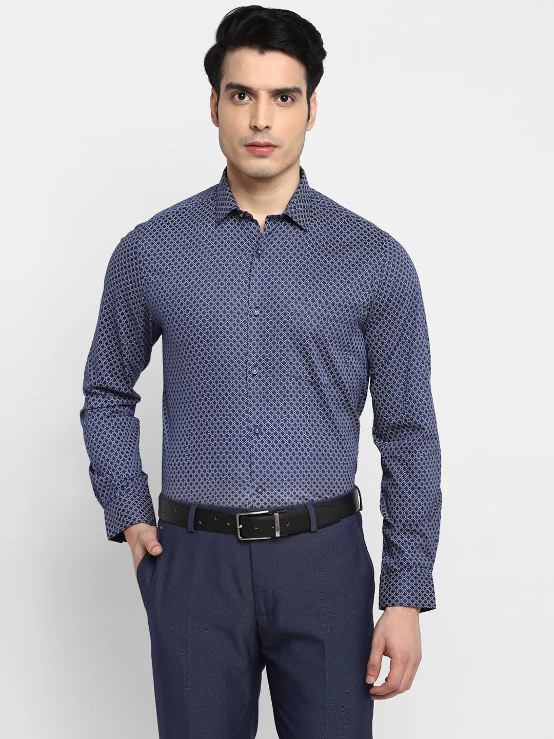 Printed Navy Blue Slim Fit Formal Shirt