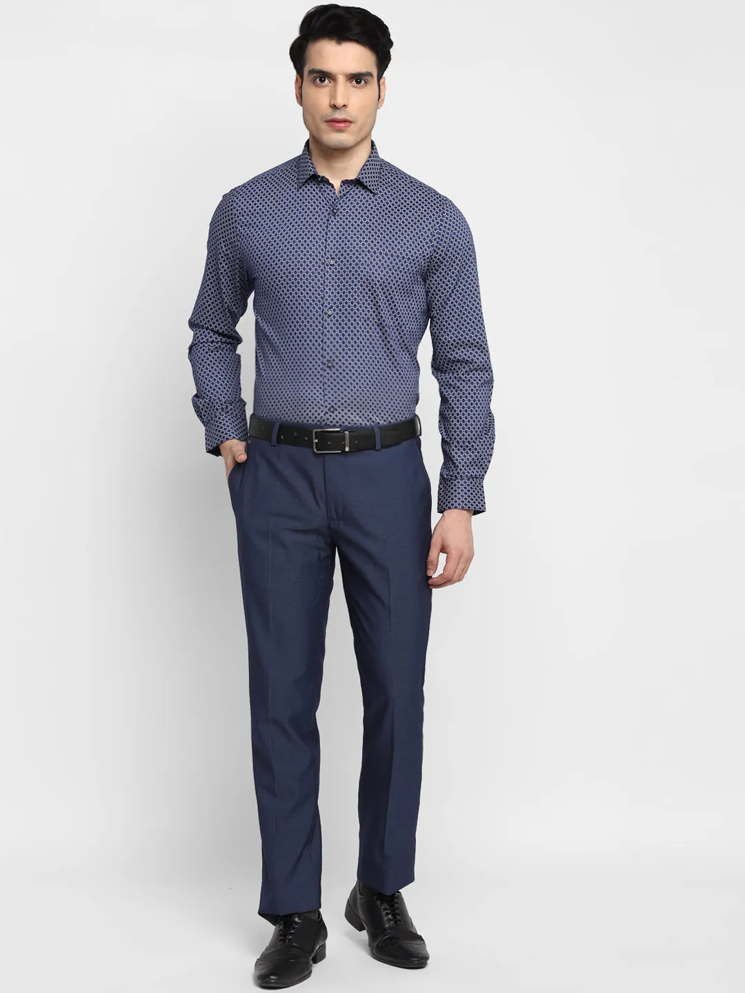 Printed Navy Blue Slim Fit Formal Shirt