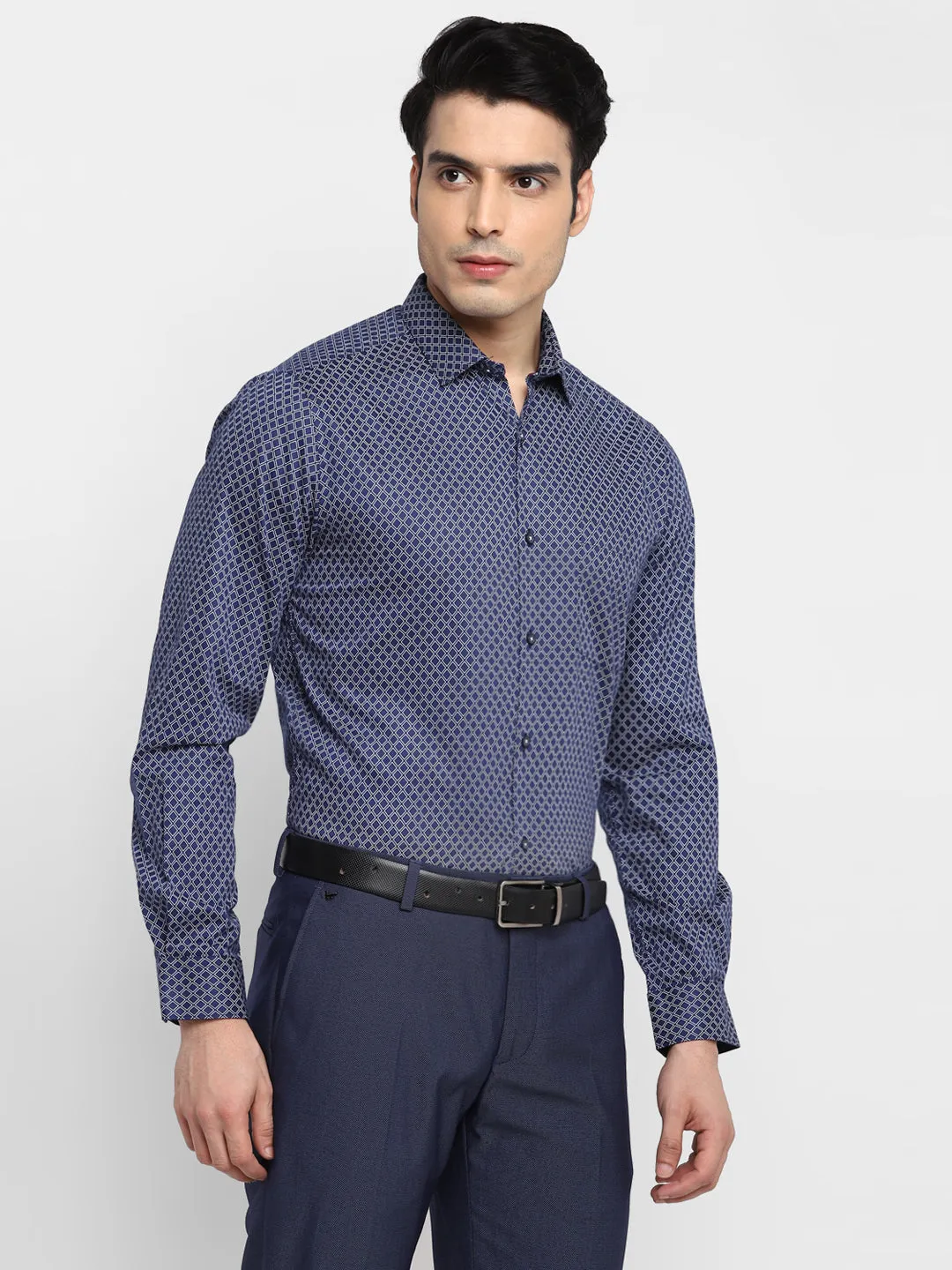 Printed Navy Blue Slim Fit Formal Shirt