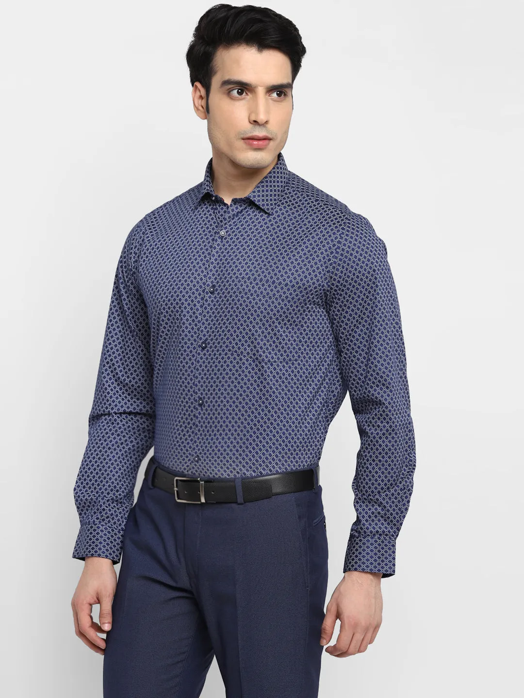 Printed Navy Blue Slim Fit Formal Shirt