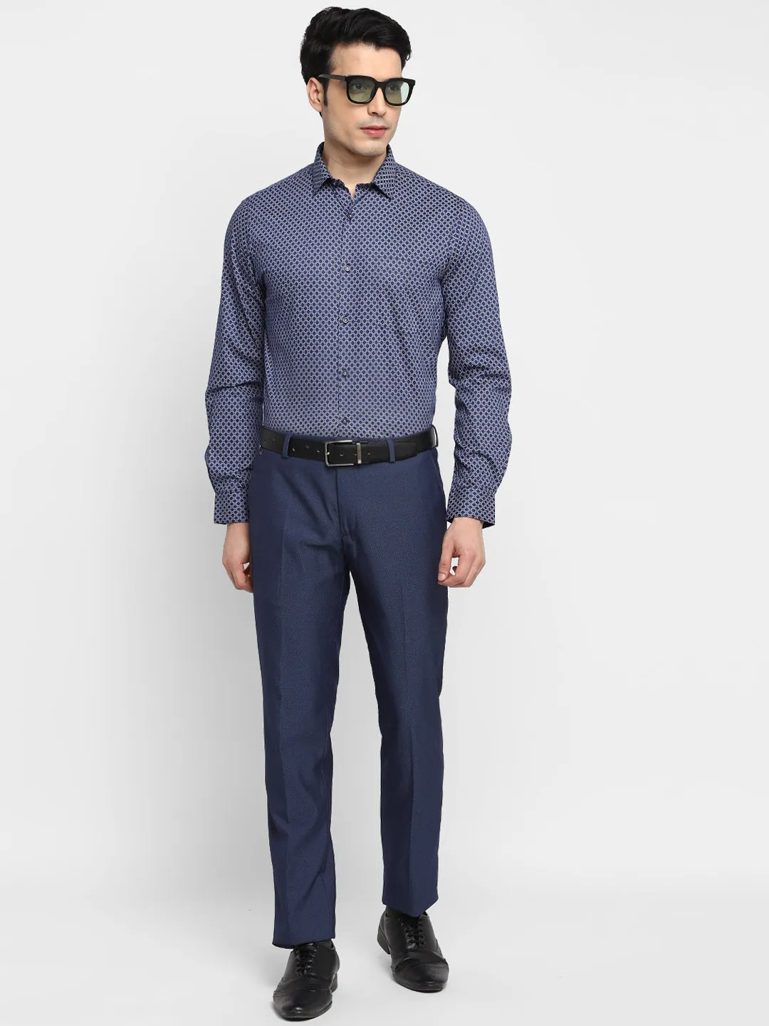 Printed Navy Blue Slim Fit Formal Shirt