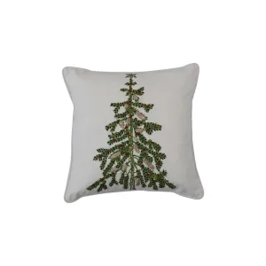 Printed Pillow w/ Christmas Tree, Embroidery & Piping, White & Green