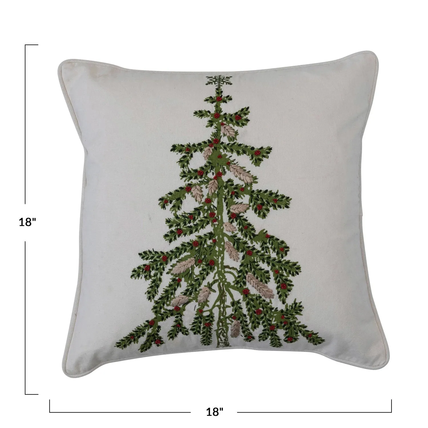 Printed Pillow w/ Christmas Tree, Embroidery & Piping, White & Green