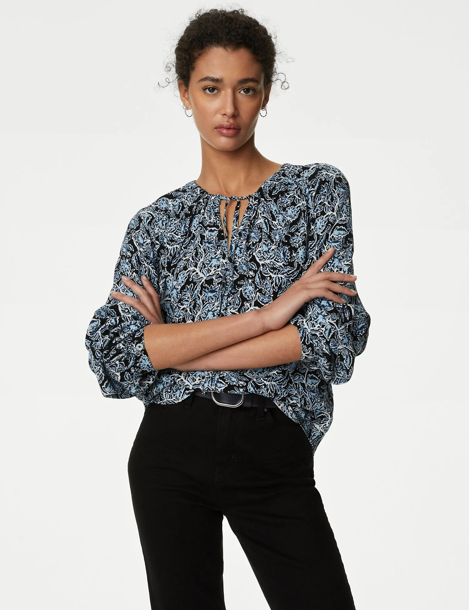 Printed Tie Neck Relaxed Blouse