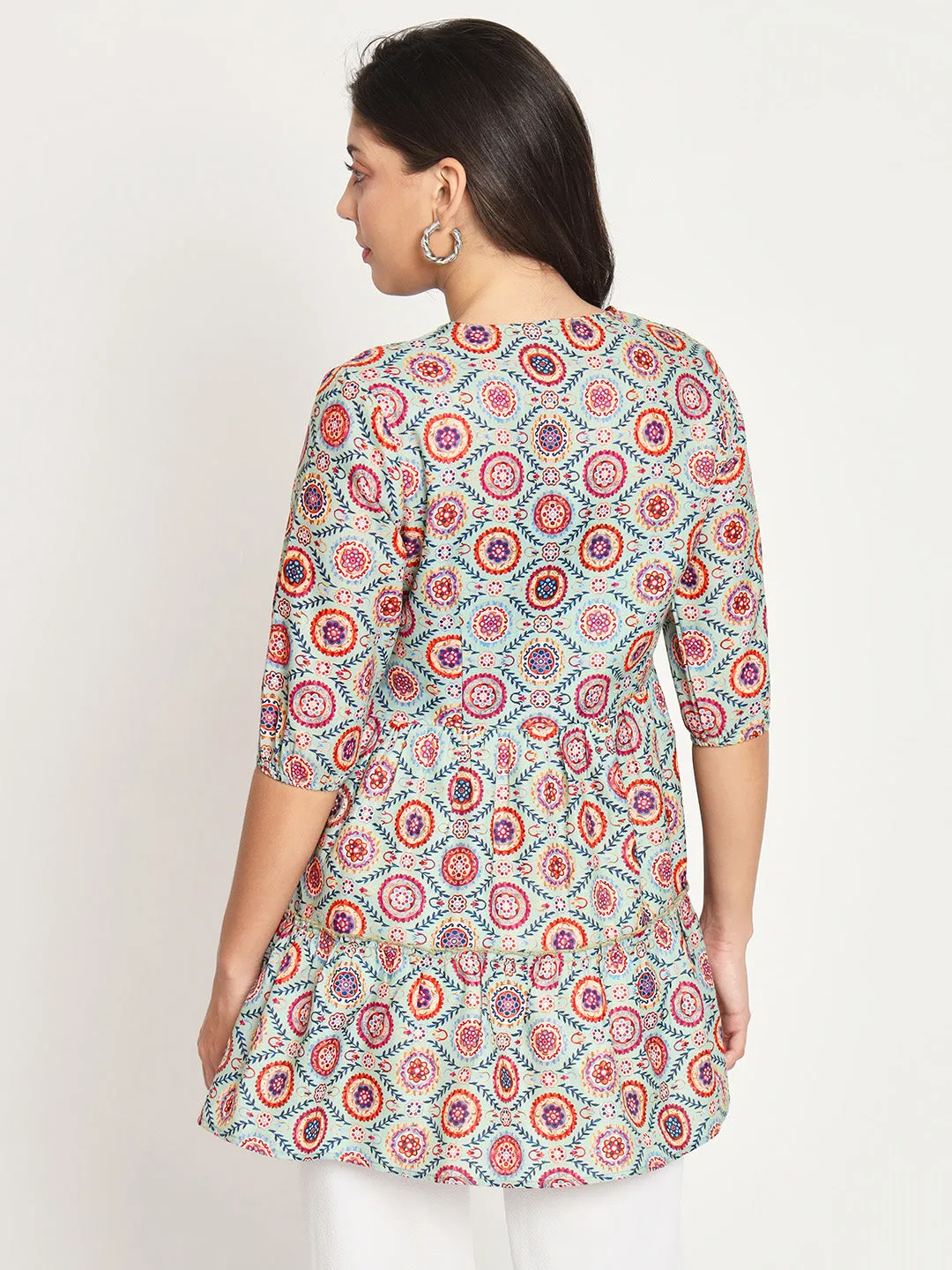 Printed Tie-Up Neck Three-Quarter Sleeve Pleated Kurit