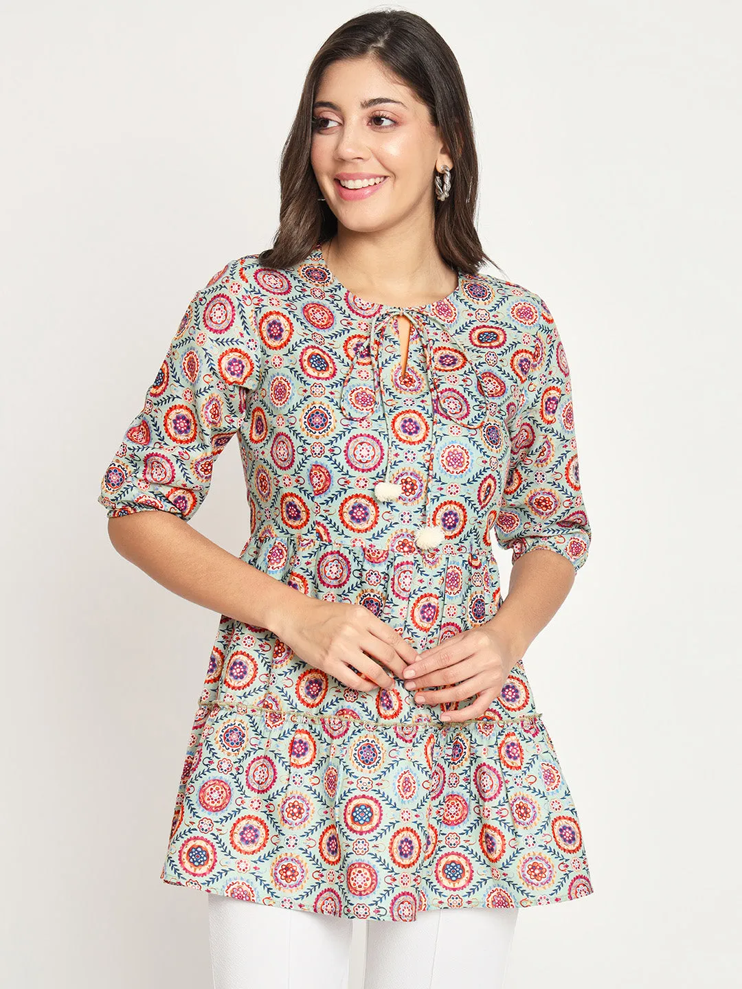 Printed Tie-Up Neck Three-Quarter Sleeve Pleated Kurit