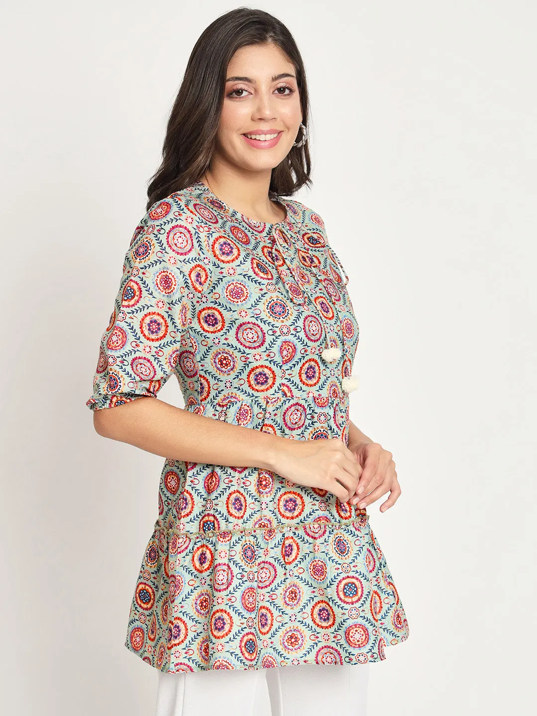 Printed Tie-Up Neck Three-Quarter Sleeve Pleated Kurit