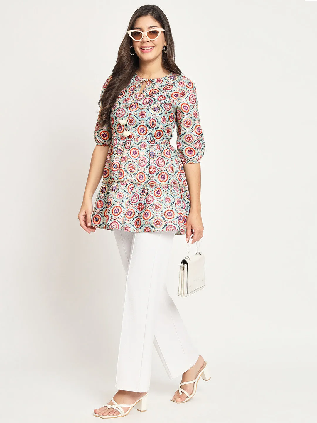 Printed Tie-Up Neck Three-Quarter Sleeve Pleated Kurit