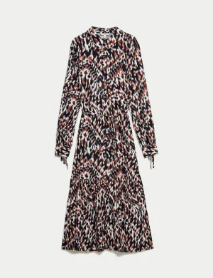 Printed Tie Waist Midi Shirt Dress