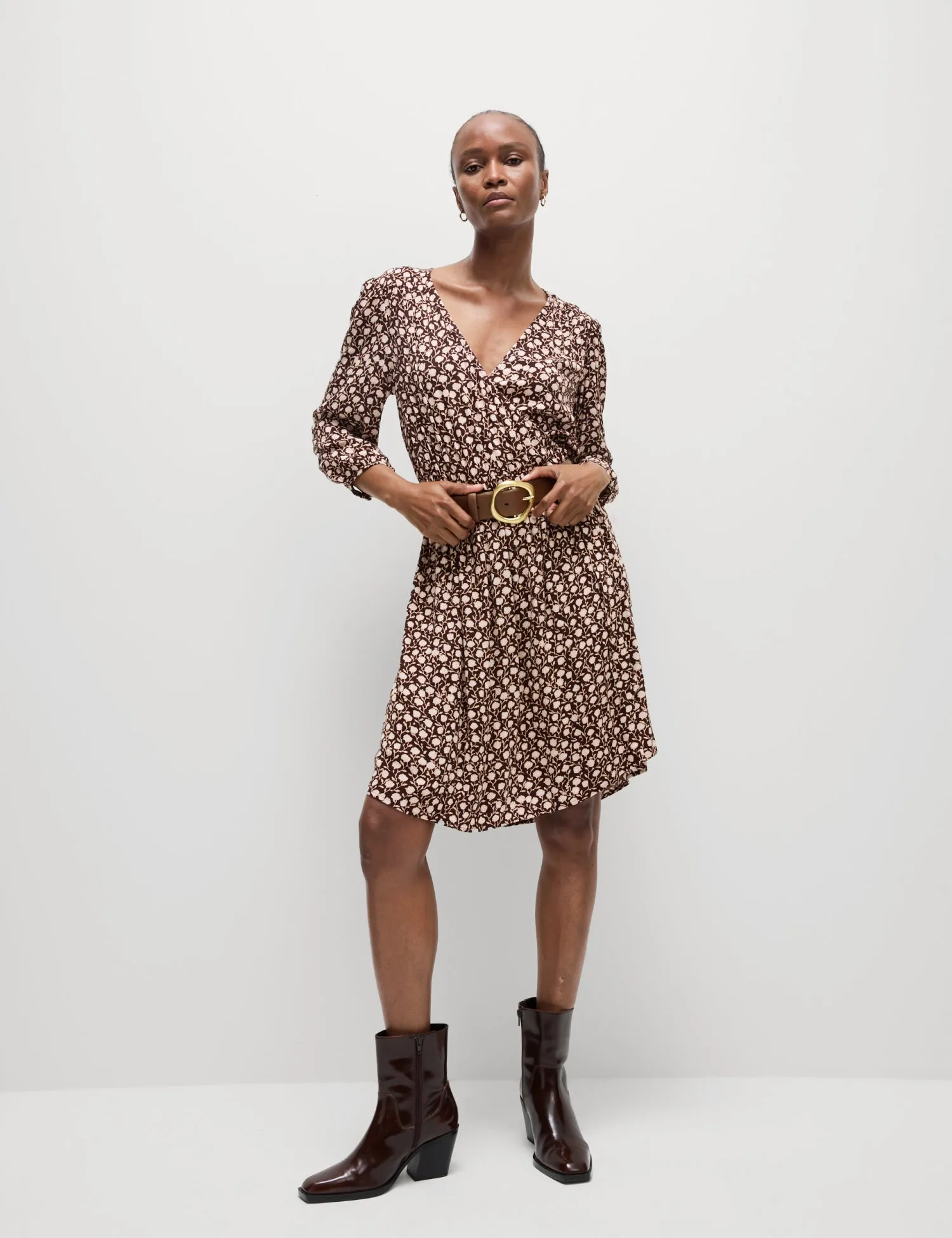 Printed V-Neck Knee Length Wrap Dress