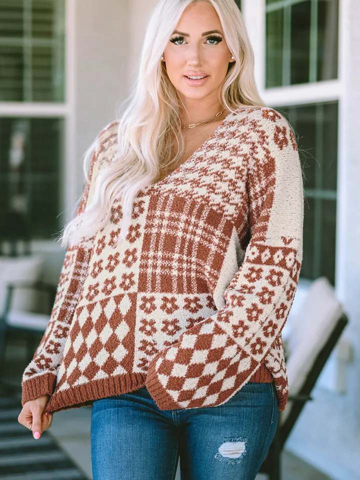 Printed V-Neck Long Sleeve Sweater