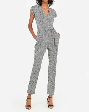 Printed V-Neck Sash Tie Waist Jumpsuit in Black And White